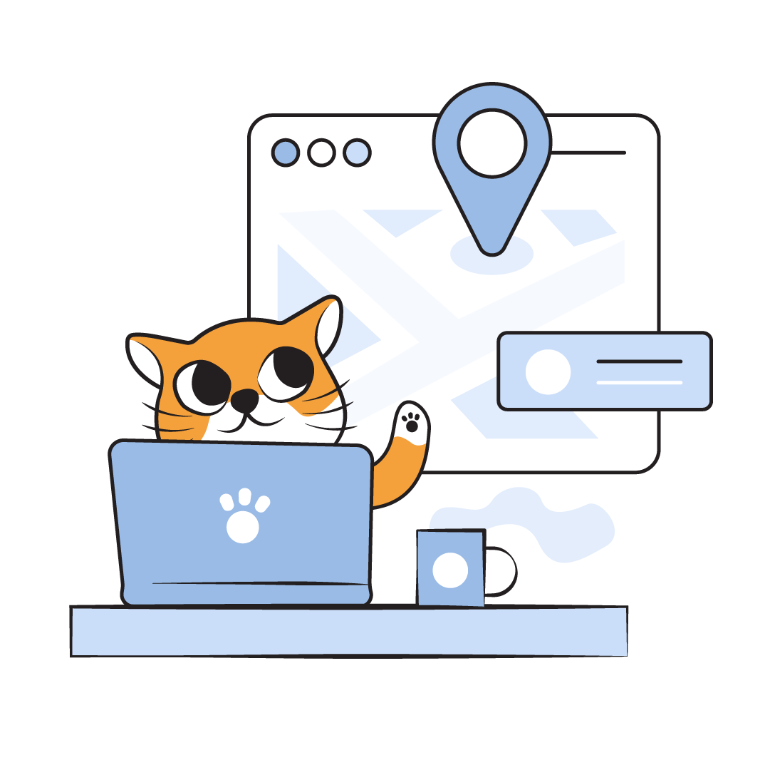 An illustrated cat working at a desk